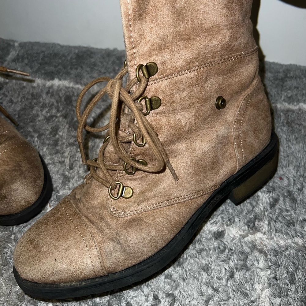 Brown Tan Ankle Boots Combat Boots lace up versatile adjustable 2 in 1 button - Picture 10 of 12
